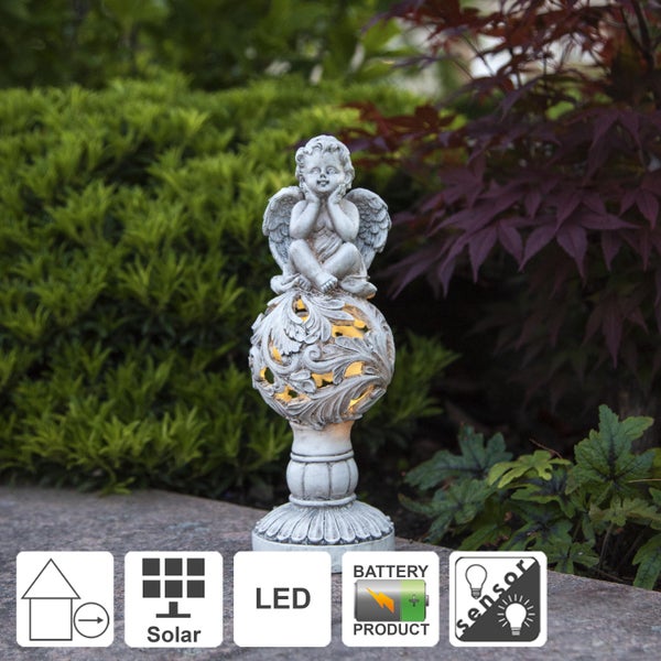 Gartenleuchte Engel auf Kugel, mit Solarpanel, LED und Tag-Nacht-Sensor