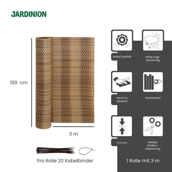 Jardinion Logo, Sichtschutzmatte 100 Zentimeter mal 3 Meter mit 20 Kabelbindern, Symbole für Qualität, Wetterfestigkeit, Sichtschutz und Materialstärke.