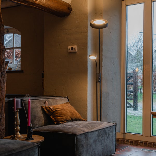 Wohnzimmer mit grauer Couch, braunem Kissen und Stehlampe