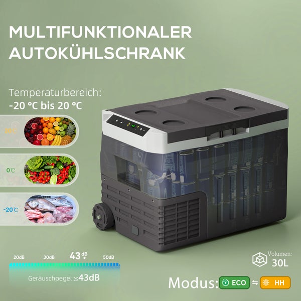 Outsunny 30 Liter Kompressor Kühlbox elektrische Kühlbox mit LED ECO Modus Anschluss Kühlhaltefunktion Gefrierbox Thermobox Mini Kühlschrank 12/230 Volt für Auto Steckdose LKW Camping Schwarz