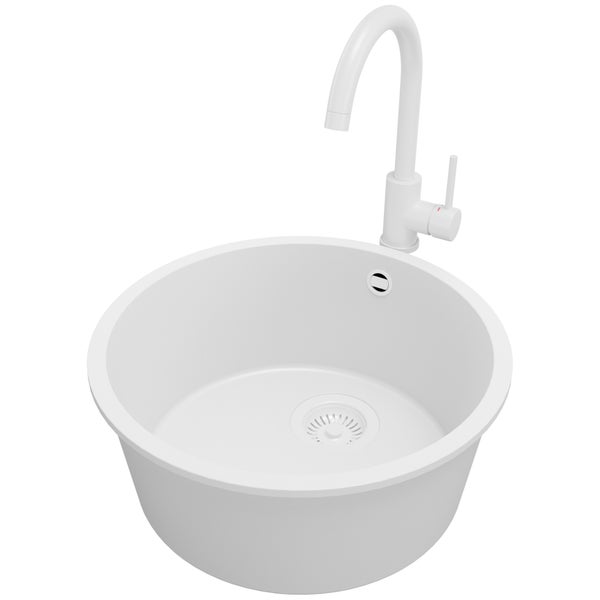 PRIMAGRAN Granitspüle Alles Weiß 46x46cm, Spülbecken Rund 1 Becken + Küchenarmatur 32x20cm + Ablauf-Set, Küchenspüle ab 50er Unterschrank - Valletta Slim