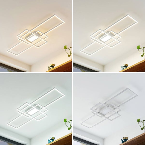LED-Deckenleuchte mit geometrischen Rechtecken in verschiedenen Farbtemperaturen von warmweiß bis kaltweiß und im ausgeschalteten Zustand.