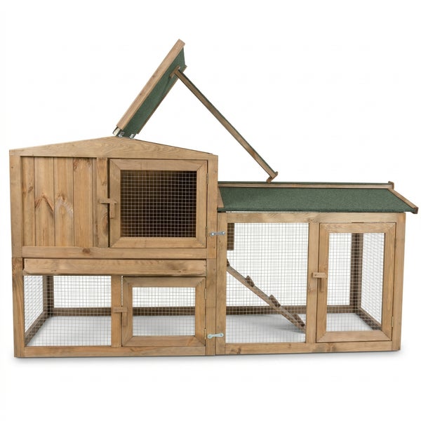 Zweistöckiger Kleintierstall aus Holz mit Freigehege, Rampe und aufklappbarem Dach mit grüner Bitumenpappe.