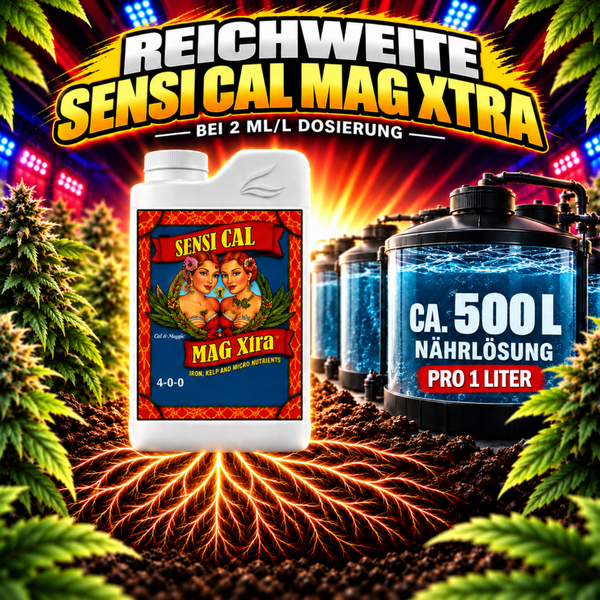 Dünger Sensi Cal Mag Xtra für Pflanzen, Flasche mit 4-0-0 Nährstoffzusammensetzung, reicht für 500 Liter Nährlösung pro 1 Liter Dünger.