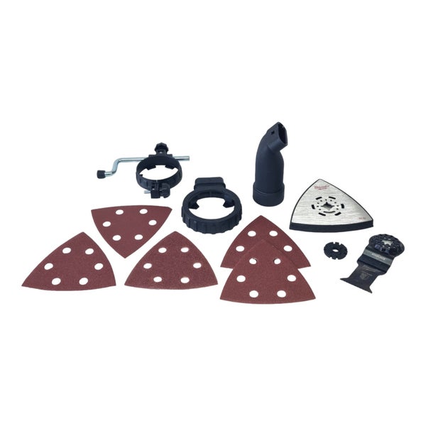 Zubehörset für Oszillierende Multitools mit Schleifblättern, Schleifplatte, Sägeblatt und Staubabsaugung.