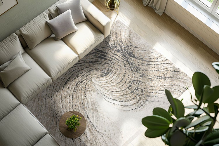Wohnzimmer mit Ecksofa und modernem Teppich mit abstraktem Wirbelmuster auf hellem Holzboden in einem hellen, einladenden Innenraum.