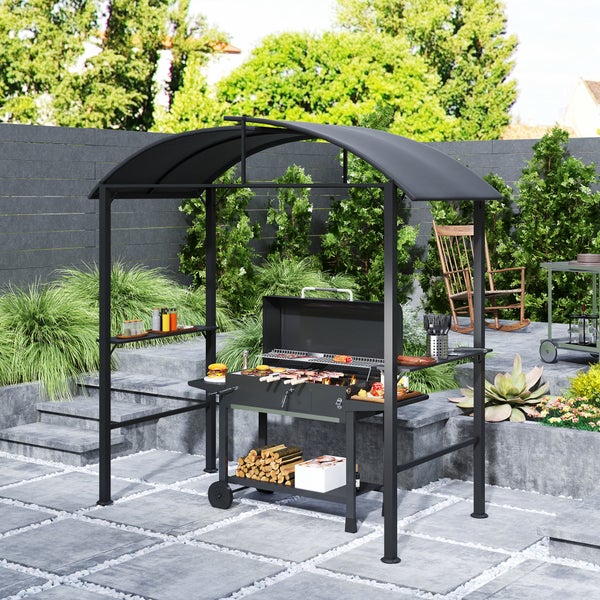 Outsunny Grillpavillon 233 x 110 x 235 cm winddicht Gartenpavillon mit Doppeldach,Regalen, Gartenlauben mit UV-Schutz, BBQ Pavillon aus Stahl, Gartenzelt Grillzelt für Party BBQ, Dunkelgrau