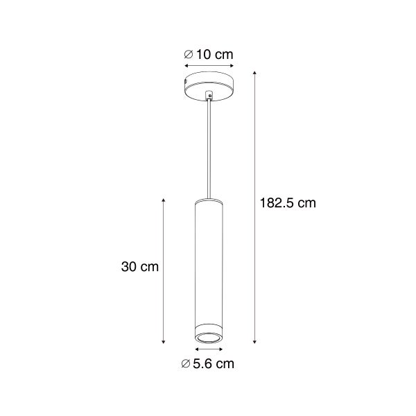 Technische Zeichnung einer zylinderförmigen Pendelleuchte mit Maßen von 30 Zentimeter Höhe und 182,5 Zentimeter Gesamthöhe.