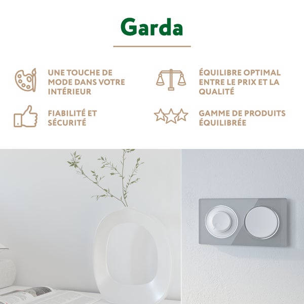 Garda Schalterprogramm Übersicht mit Produktvorteilen und Abbildung von Lichtschalter und Dimmer an einer Wand.