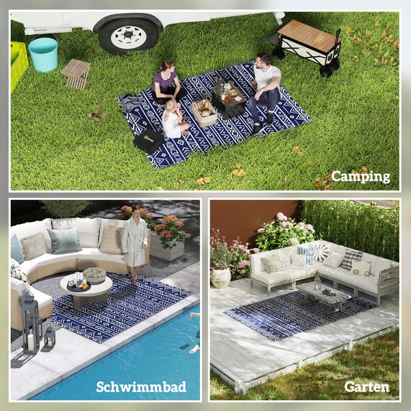 Outsunny Outdoor Teppich robuster Wetterfest Outdoorteppich, Carpet mit Boho-Style, Outdoor-Teppich für Wohnzimmer Balkon Garten Terrasse Bad Flur Küche, 182 x 274 cm Blau+Weiß