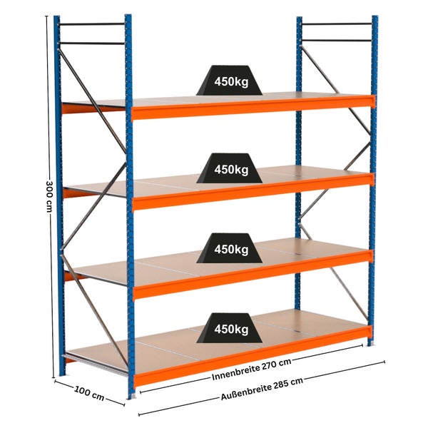 Metallregal mit vier Ebenen und Gewichtsangaben
