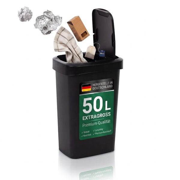 Kunststoff Abfalleimer mit 50 Liter Fassungsvermögen und Deckel zum Entsorgen von Haushaltsabfällen.