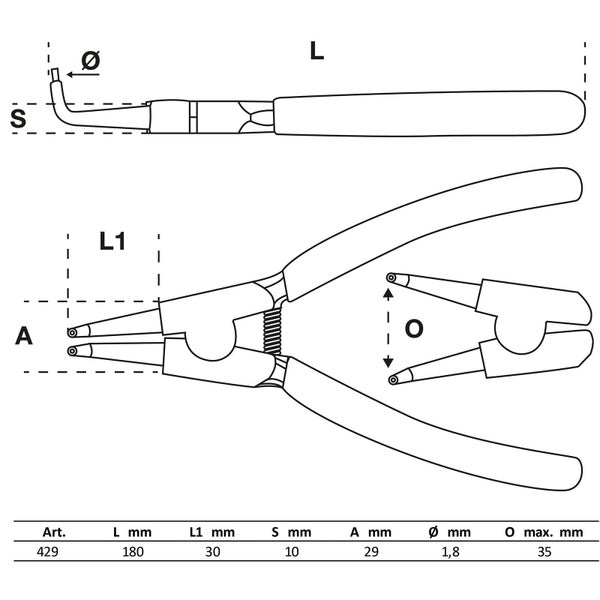 BGS Sprengringzange gebogen für Außensprengringe 180 mm - 429