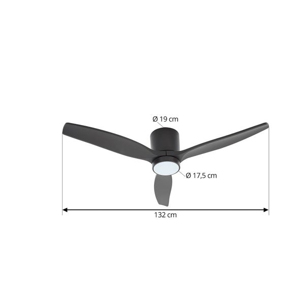 Deckenventilator mit Licht, drei Flügel, Durchmesser 132 Zentimeter, Baldachin Durchmesser 19 Zentimeter, Leuchte Durchmesser 17,5 Zentimeter.