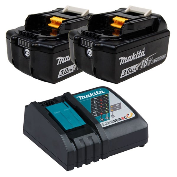 Makita 2x BL1830B Akku 3,0 Ah 18V Li-Ion mit Ladestandsanzeige + DC18RC Schnellladegerät - DC18RC-BL1830B-2x