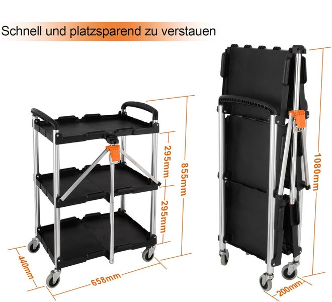Klappbarer Etagenwagen mit drei Ablagen. Maße offen: 855 mal 658 mal 440 Millimeter. Maße zusammengeklappt: 1080 mal 200 Millimeter.