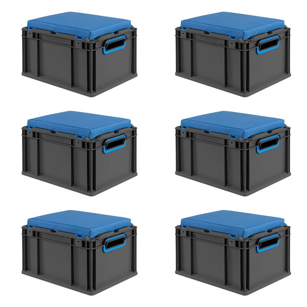 Sechs graue Euroboxen mit blauen Deckelkissen