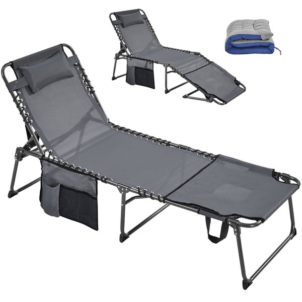 Graue Relaxliege mit Kissen und Seitentasche, zusammengeklappte Auflage