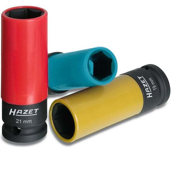 Hazet Steckschlüsseleinsätze in Rot, Türkis und Gelb mit 19 Millimeter und 21 Millimeter