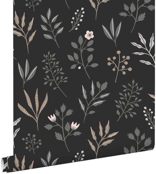 ESTAhome Tapete Blumenmuster im skandinavischen Stil Schwarz - 0,53 x 10,05 m - 139083