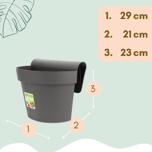 Abmessungen eines anthrazitfarbenen Geländertopfes mit den Maßen 29 cm, 21 cm und 23 cm.