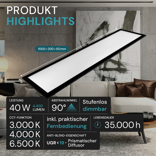 LED Panel mit den Maßen 1000 x 200 x 50 mm, 40 Watt Leistung und einem Abstrahlwinkel von 90 Grad inklusive Fernbedienung.
