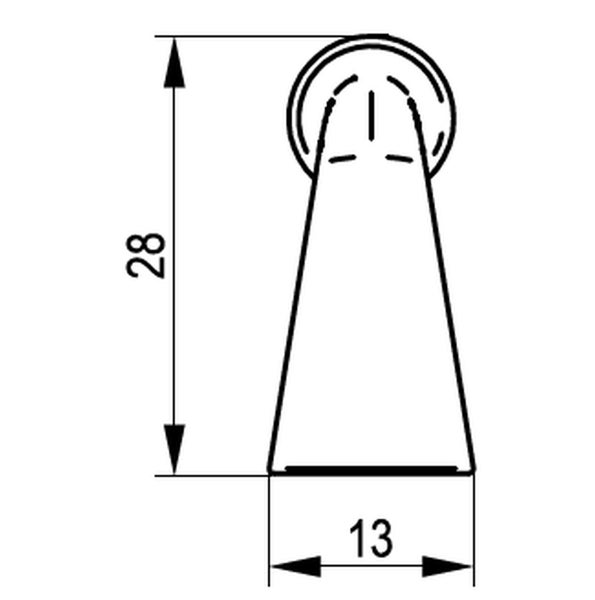 Technische Zeichnung eines Möbelfußes mit den Maßen 28 Millimeter Höhe und 13 Millimeter Breite.