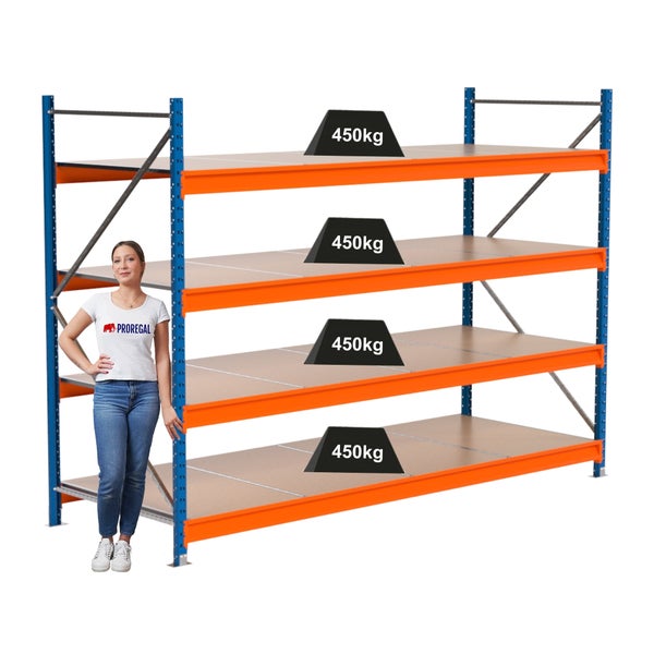 Regal mit vier Ebenen und einer Traglast von 450 kg pro Ebene