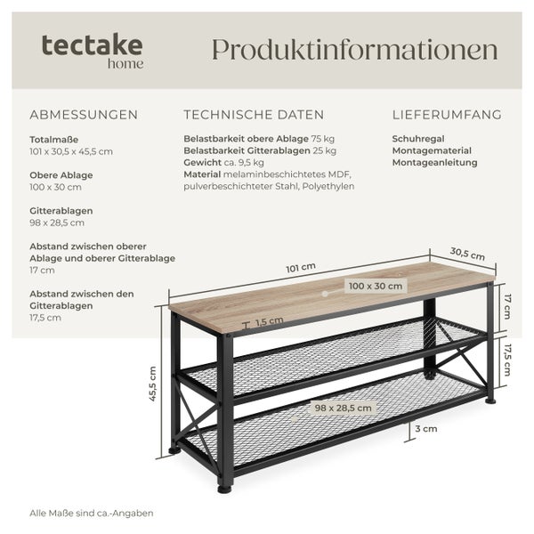 Produktinformationen zu einem Schuhregal von tectake home mit Abmessungen und technischen Daten