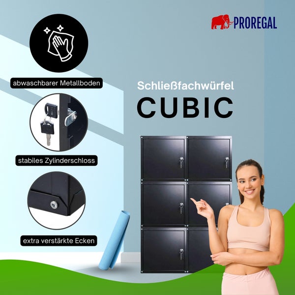 Schließfachwürfel Cubic von Proregal aus Metall mit sechs Fächern, Zylinderschloss, verstärkten Ecken und abwaschbarem Boden. Proregal Logo