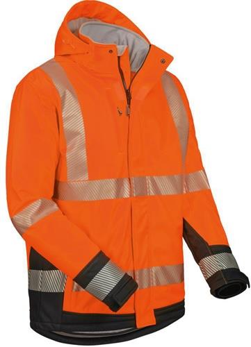 Orangefarbene Warnschutzjacke mit Kapuze und Reflexstreifen