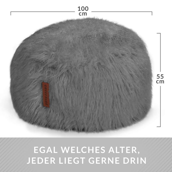 Green Bean Sitzsack Fellotpik mit Füllmaterial (EPS Perlen) - Indoor Maße ca 100 x 55 cm - Bean Bag Sitzkissen Sitzpuff Sitzsessel Bodenkissen Lounge Grau