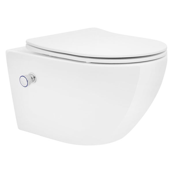 LuxeBath Wand WC Spülrandlos mit Bidet-Funktion, Weiß, Tiefspüler Keramik Hänge WC, lang 53,5 cm, Dusch WC Nano Beschichtung, Tornadospülung, Glänzende Kloschüssel Hängend mit WC-Sitz Absenkautomatik