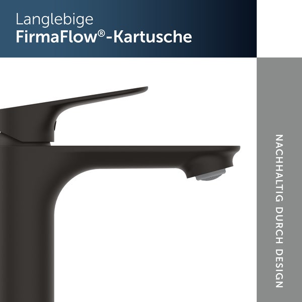 Detailansicht einer Waschtischarmatur mit Hebel und Texten zu Langlebigkeit und Design