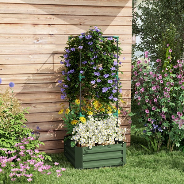Outsunny Hochbeet mit Rankhilfe, Blumenkasten mit Offenem Boden, Gemüsebeet, Pflanzkasten, Kräuterbeet für Garten, Balkon, Verzinkter Stahl, Grün, 61 x 61 x 140 cm
