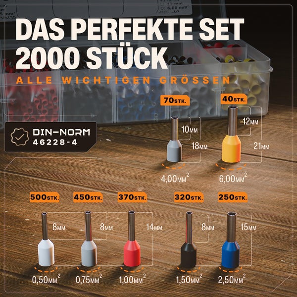 BAURIX® Sechskant Crimpzange mit 2000 Aderendhülsen Set, Aderendhülsenzange selbsteinstellend für 0,25-6mm², Krimpzange, Crimp Zange, Presszange, Crimpwerkzeug - Modell: THESEUS (6-Kant)