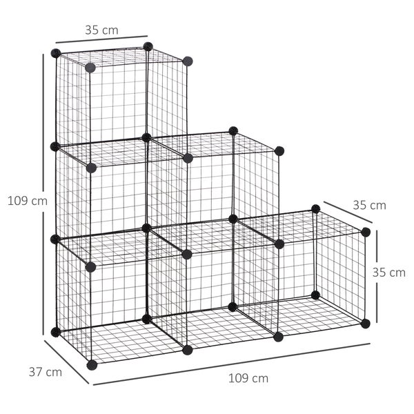 HOMCOM Steckregal, Regalsystem mit 6 Fächern, DIY Würfelregal aus Drahtgitter, Stufenregal für Wohnzimmer, Schlafzimmer, Schwarz, 109 x 37 x 109 cm