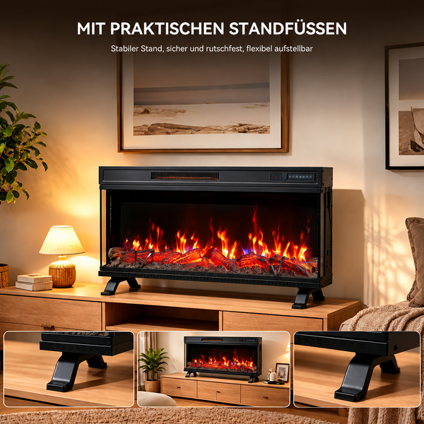 Elektrischer Kamin mit Standfüßen auf einem Sideboard im Wohnzimmer, detaillierte Ansichten der stabilen Füße, realistisches Flammeneffekt-Design.