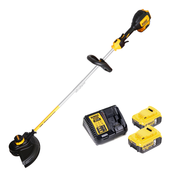 DeWalt Akku-Rasentrimmer mit bürstenlosem Motor, zwei 18 Volt Akkus und einem Ladegerät.
