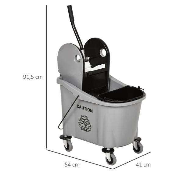 HOMCOM Reinigungswagen 36 Liter Fahreimer Putzeimer Wischwagen mit Auswringvorrichtung, Grau, 54 x 41 x 91,5 cm