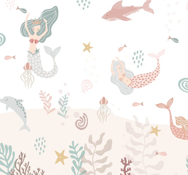 Illustration mit Meerjungfrauen, Haien, Delfinen und Meerespflanzen