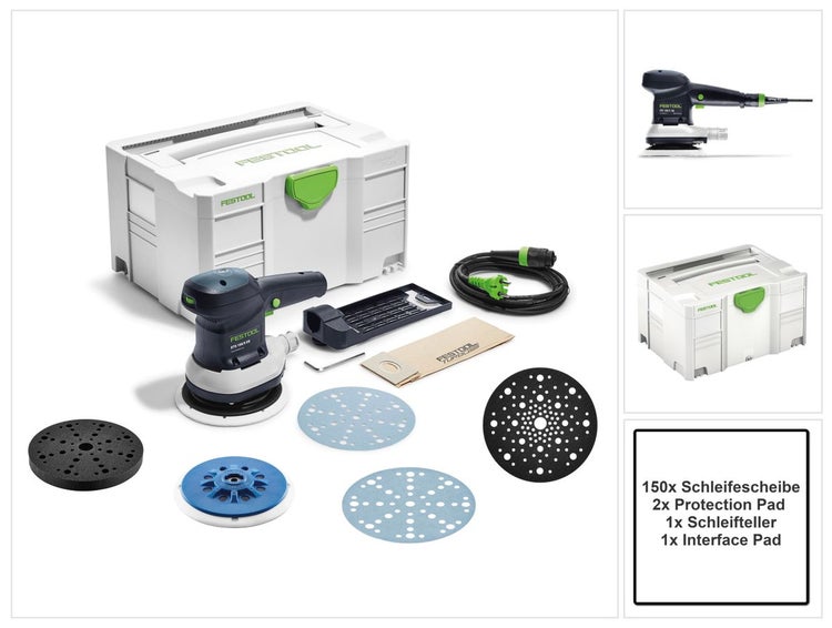 Festool ETS 150/5 EQ-Plus Exzenterschleifer 310 W 150 mm + 150x Schleifscheibe + 2x Protection Pad + Schleifteller+ Interface Pad + systainer