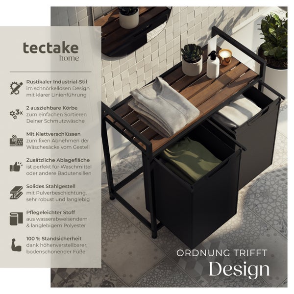 Wäschesortierer tectake  höhenverstellbare Kunststofffüße Industrial-Style, 2 oder 3 ausziehbare Fächer schwarz/braun
