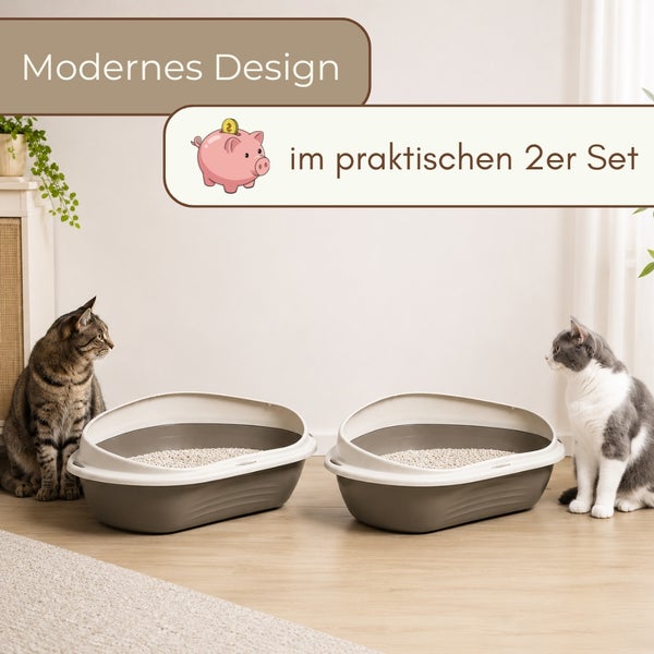 Zwei moderne Katzentoiletten im praktischen Zweier-Set mit hohem Rand und offenem Design in einem hellen Wohnraum mit zwei Katzen.