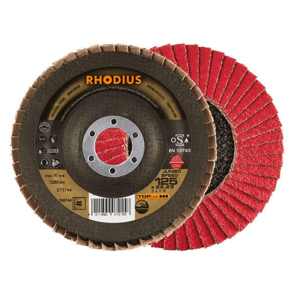 RHODIUS Fächerscheibe JUMBO SPEED, 5 Stück, 125 x 22,23 mm, Korn 40, für Edelstahl, Stahl, Metall, TOPline