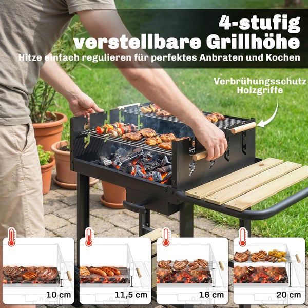 Holzkohlegrill im Garten mit 4-stufig höhenverstellbarem Rost, Holzgriffen zum Schutz vor Hitze und einer praktischen seitlichen Holzablage.