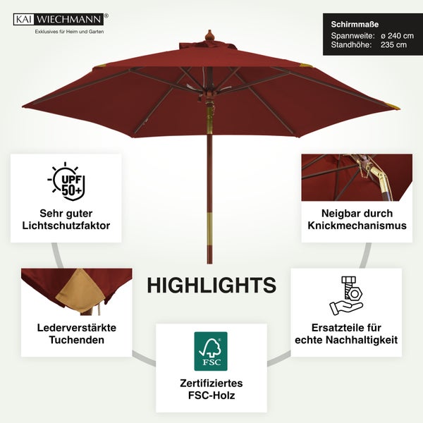Sonnenschirm 240 cm rot bordeaux kippbar Windauslass UV-Schutz 50