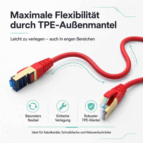 Flexibles Netzwerkkabel mit Netzwerksteckern und Außenmantel aus thermoplastischem Elastomer. Hochflexibel, einfach zu verlegen und robust.