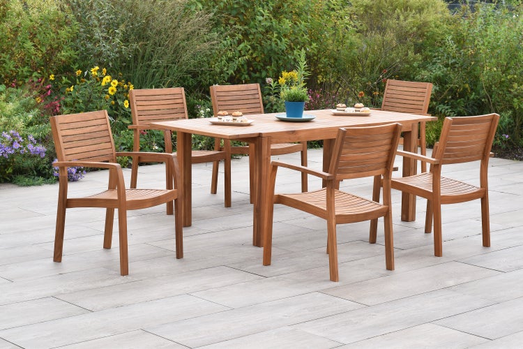 Batavia Set 7tlg., 6 Stapelsessel, Ausziehtisch 150 (200) x 90 cm, Akazie