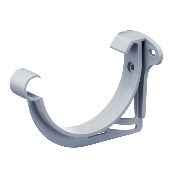 Dachrinnenhalter aus grauem Kunststoff für halbrunde Dachrinnen.